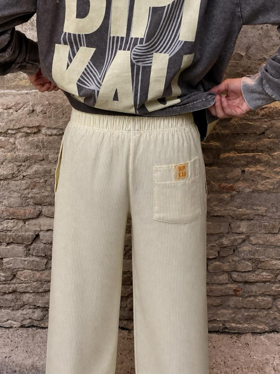 Sunset Pants Yellow de Bipikau de espaldas: pantalón ancho de rayas amarillo claro con la Cactus Tee Grey